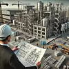 Mann in Anzug und Schutzhelm mit Planungsunterlage vor einer im Bau befindlichen Industrieanlage