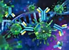 Virus and antibodies close-up on DNA background, scientific back