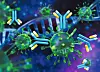 Virus and antibodies close-up on DNA background, scientific back