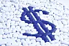 Pillen und Tabletten mit einem blauen Dollar-Symbol