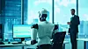 A futuristic office scene depicting a robot working on a compute