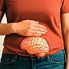 Eine weibliche Person hält eine Hand auf ihren Bauch, darunter ist ein menschliches Gehirn