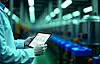 Engineer wearing lab coat uses tablet to monitor high pressure tank production line in food, drinks factory. Modern tech ensures quality control, process optimization. Factory automation, industry 40