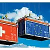 2 Container mit Schweiz und EU Aufdruck an Seilen hängend vor Himmel mit Wolken