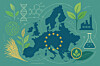 Ein modernes, abstraktes Key Visual zur Bioökonomie in Europa: eine stilisierte Karte der Europäischen Union, daraus wachsende Pflanzenstrukturen, Biomasse-Symbole und molekulare Netzwerke. Kombination aus Naturmotiven (Blätter, Fasern, Holzstrukturen) und chemisch-technischen Elementen (Laborikonen, Molekülmodellen, Fabriksilhouetten)