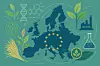 Ein modernes, abstraktes Key Visual zur Bioökonomie in Europa: eine stilisierte Karte der Europäischen Union, daraus wachsende Pflanzenstrukturen, Biomasse-Symbole und molekulare Netzwerke. Kombination aus Naturmotiven (Blätter, Fasern, Holzstrukturen) und chemisch-technischen Elementen (Laborikonen, Molekülmodellen, Fabriksilhouetten)