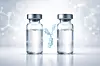 KI-generiertes Symbolbild, Zwei Medikamenten-Vials stehen nebeneinander vor einem abstrakten molekularen Hintergrund.