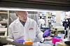 Laborant mit Schutzbrille arbeitet an einer Probe zwischen Laborgeräten und Reagenzgefäßen.