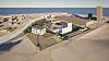 3D-Darstellung eines Gebäudekomplexes an einer Küste mit umliegenden Straßen und Wasser im Hintergrund.