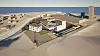 3D-Darstellung eines Gebäudekomplexes an einer Küste mit umliegenden Straßen und Wasser im Hintergrund.