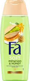 Grüne Fa-Soft-Duschcreme mit Pistazien- und Honigmotiv auf weißem Hintergrund.