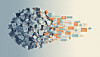 Abstrakte Darstellung eines kugelförmigen Datenclusters mit orangefarbenen, auslaufenden Informationsströmen.