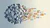 Abstrakte Darstellung eines kugelförmigen Datenclusters mit orangefarbenen, auslaufenden Informationsströmen.