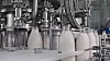Glass bottles filling with fresh milk on a bottling machine in a dairy plant, highlighting the intricate process of milk production and efficient packaging in the food industry
