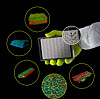 Behandschuhte Hand hält ein Organ-on-a-Chip-Plattform, umgeben von bunten digitalen Visualisierungen auf schwarzem Hintergrund.