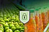 Grüne Äpfel links und Flaschen mit orangem Getränk rechts, in der Mitte ein Schloss-Symbol.